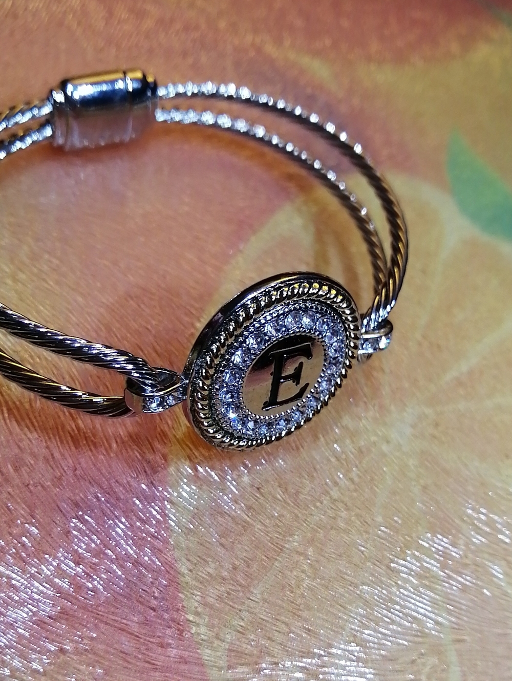 Initial 'E' Pave Crystal Round Bracelet Silver Gold Tone On Magnet Fits 7